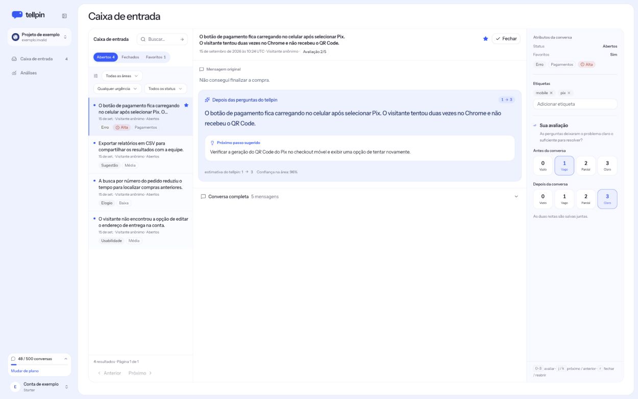 Painel do tellpin em português com caixa de entrada, resumo de um problema no pagamento via Pix e avaliação da clareza do feedback.